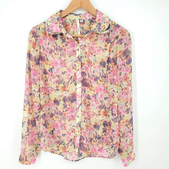 Bellatrix Women's Sheer Colorful Floral Button Blouse Size Small - Picture 1 of 4